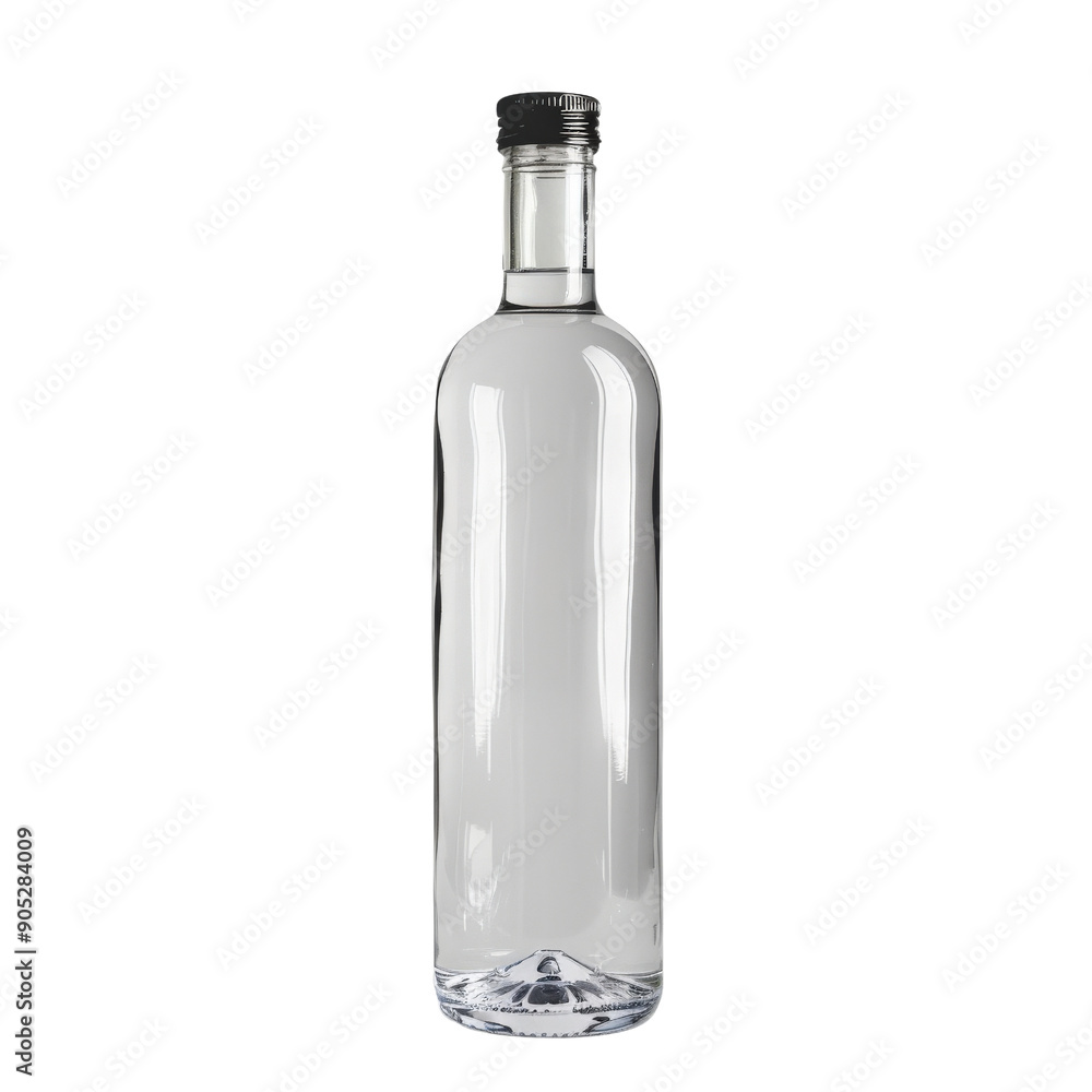 Empty clear glass bottle with black cap isolated on white background. Perfect for product presentation and design purposes. Empty clear glass bottle with black cap isolated on white background. Perfect for product presentation and design purposes.