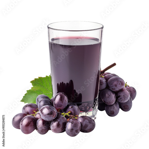 Cuadro en lienzo Glass of fresh grape juice with ripe purple grapes and green leaf on a white background