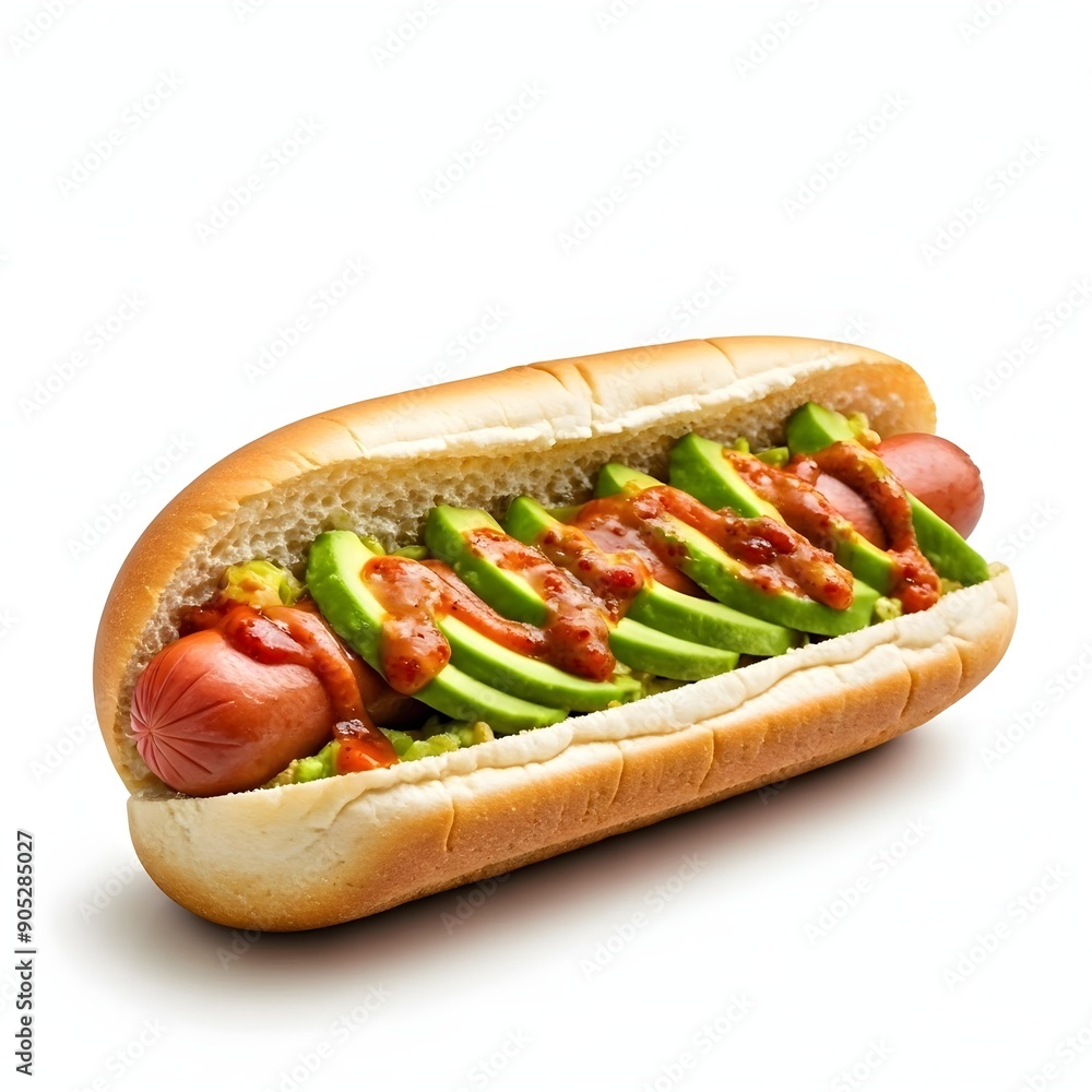 Gourmet hotdog with avocado slices and chipotle sauce, sitting in a fresh white bun, against a bright white background Gourmet hotdog with avocado slices and chipotle sauce, sitting in a fresh white bun, against a bright white background