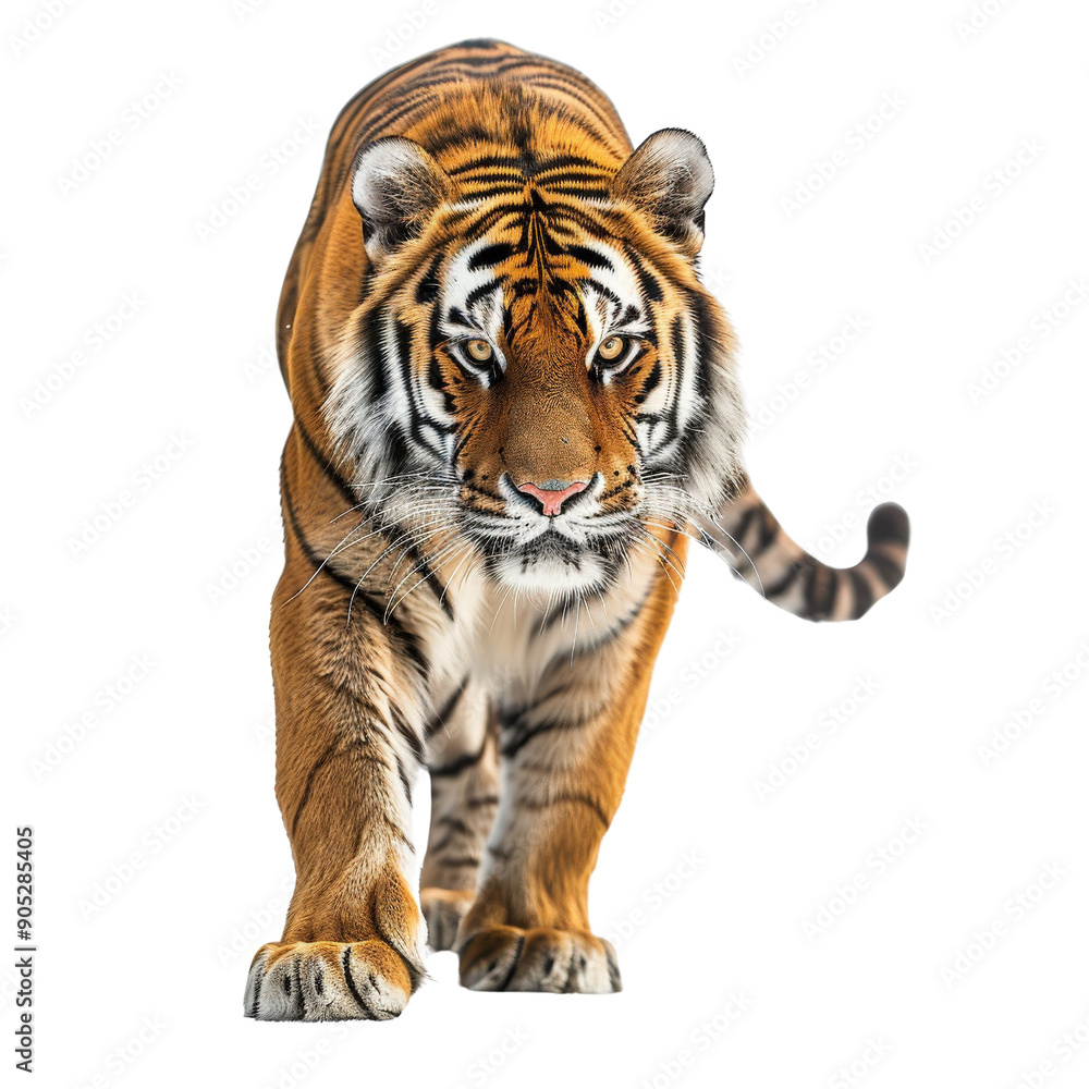 Obraz premium Majestic tiger walking forward, showcasing its powerful physique and intense gaze. Perfect for wildlife themes and animal conservation projects.