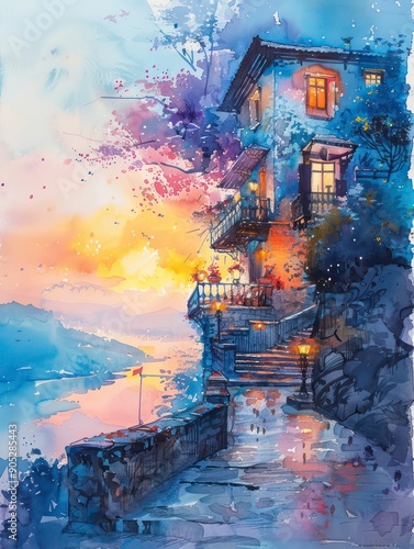 watercolor house with pastel gradient color palettes