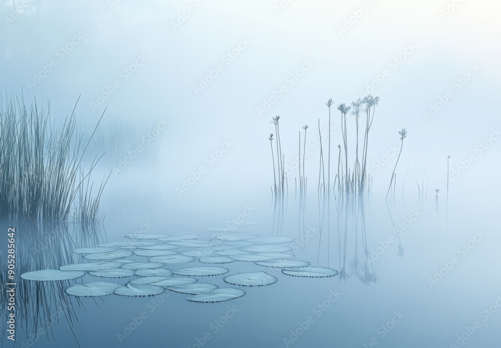 A mist covered lake in the early morning, with the outlines of reeds and lily pads barely visible through the dense fog A mist covered lake in the early morning, with the outlines of reeds and lily pads barely visible through the dense fog