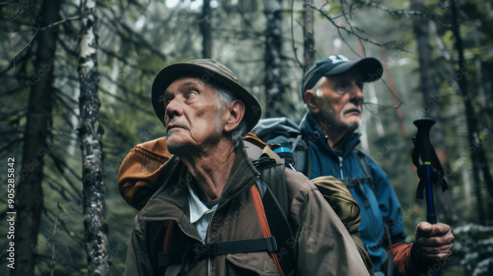 Fototapeta premium Two elderly men in outdoor attire, equipped with backpacks and hiking poles, navigate a dense forest, embodying adventure and perseverance.