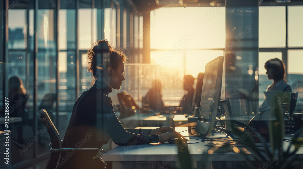 Sunlit office setting with a person working diligently at their computer, surrounded by a modern open-plan workspace and large windows pouring in golden light. Sunlit office setting with a person working diligently at their computer, surrounded by a modern open-plan workspace and large windows pouring in golden light.