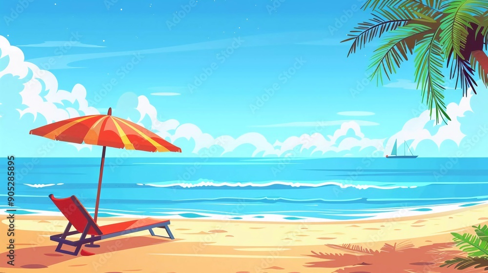 Tropical beach scene with beach chairs and umbrellas on the shore. Vector concept cartoon summer vacation landscape illustration
Tropical beach scene with beach chairs and umbrellas on the shore. Vector concept cartoon summer vacation landscape illustration