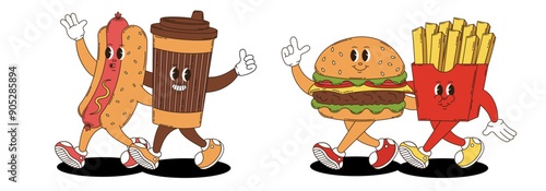 Retro groovy fast food and coffee characters set. Coffee, hotdog,  hamburger, fries.