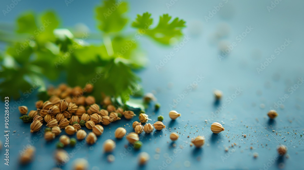 Close-up of coriander seeds scattered with a coriander leaf, set against a soft, blue background exuding freshness and simplicity. Close-up of coriander seeds scattered with a coriander leaf, set against a soft, blue background exuding freshness and simplicity.