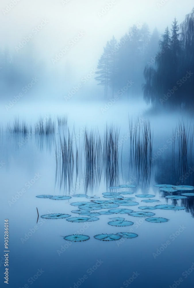A mist covered lake in the early morning, with the outlines of reeds and lily pads barely visible through the dense fog A mist covered lake in the early morning, with the outlines of reeds and lily pads barely visible through the dense fog