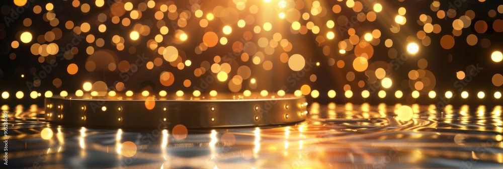 Golden Podium with Glittering Light Effects and Dot Pattern Background for a Luxurious and High-End Presentation Setting. Golden Podium with Glittering Light Effects and Dot Pattern Background for a Luxurious and High-End Presentation Setting.