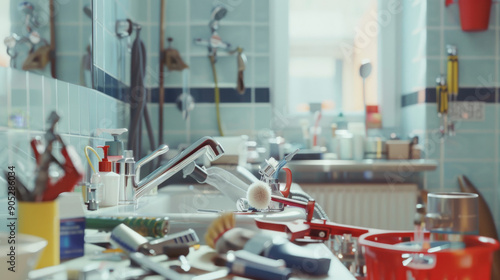 A cluttered yet colorful bathroom sink area filled with various cleaning and grooming supplies.