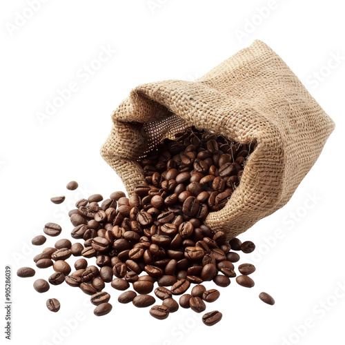 Rustic burlap sack spilling aromatic coffee beans, showcasing rich brown texture, perfect for coffee lover themes and culinary projects.