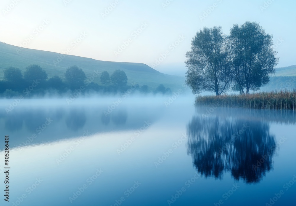 A peaceful lake enveloped in morning fog, with distant hills and trees creating a dreamy, ethereal atmosphere A peaceful lake enveloped in morning fog, with distant hills and trees creating a dreamy, ethereal atmosphere