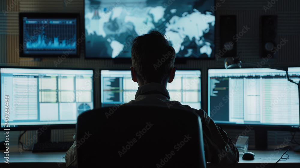 An individual sits facing multiple screens in a dark room, diligently analyzing data, with a large world map displayed prominently in the background. An individual sits facing multiple screens in a dark room, diligently analyzing data, with a large world map displayed prominently in the background.