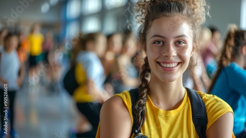 A girl with a yellow shirt and a black backpack is smiling
