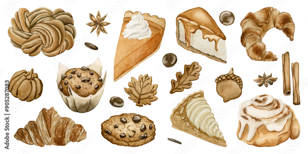 Autumn Pastry and Desserts Clipart. Set of fall sweets and hot beverages. Watercolor food illustration for Thanksgiving Autumn Pastry and Desserts Clipart. Set of fall sweets and hot beverages. Watercolor food illustration for Thanksgiving