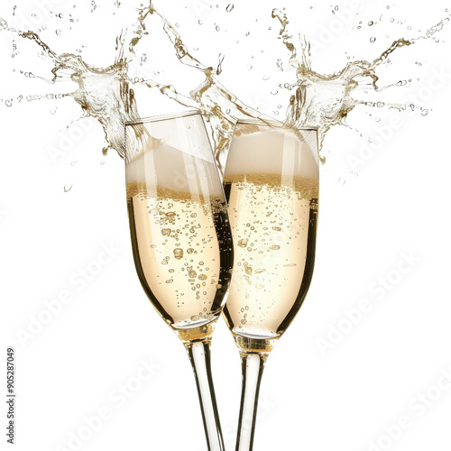 Two champagne glasses clinking, celebrating a joyful occasion with splashes and bubbles in a festive, lively atmosphere.