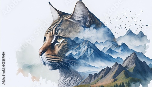 Watercolor double exposure of a catportrait and the plains  photo