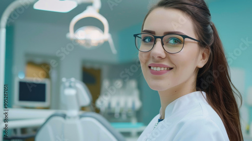 A professional dentist in a pristine dental clinic smiling warmly, creating an atmosphere of trust and care. © VK Studio