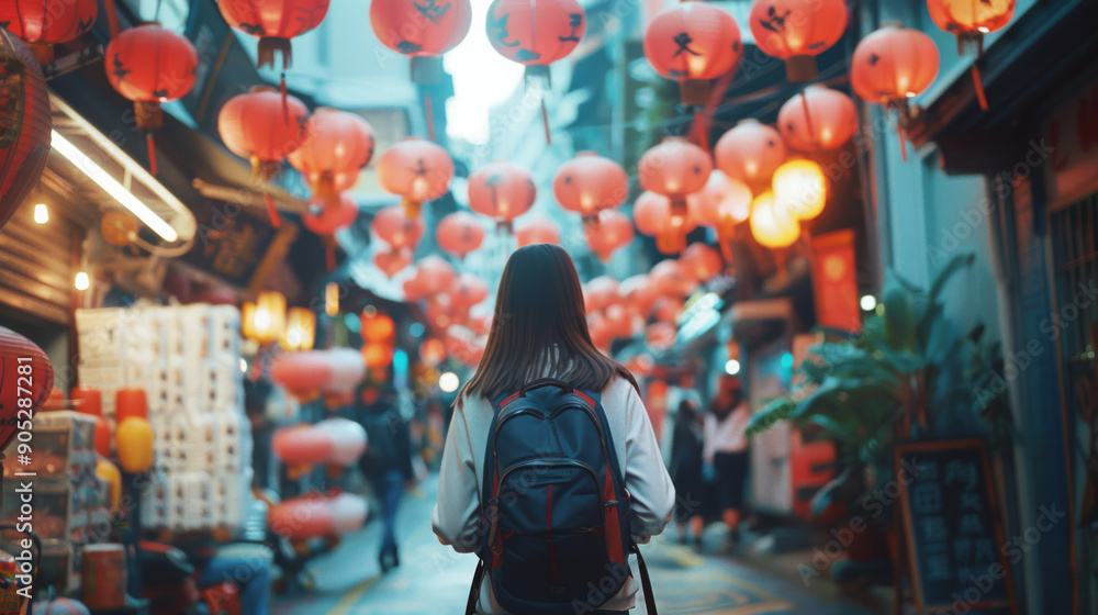 Woman with a backpack explores a narrow street adorned with vibrant red lanterns, immersed in the urban charm and cultural ambiance. Woman with a backpack explores a narrow street adorned with vibrant red lanterns, immersed in the urban charm and cultural ambiance.