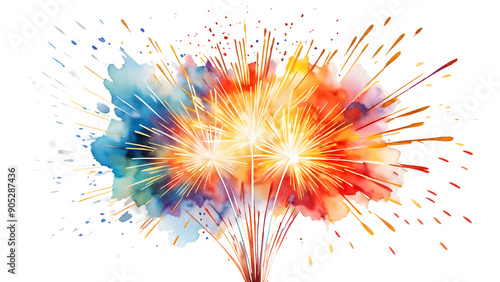 Set of watercolor fireworks elements set isolated on transparent background, decoration clip art mock up photo