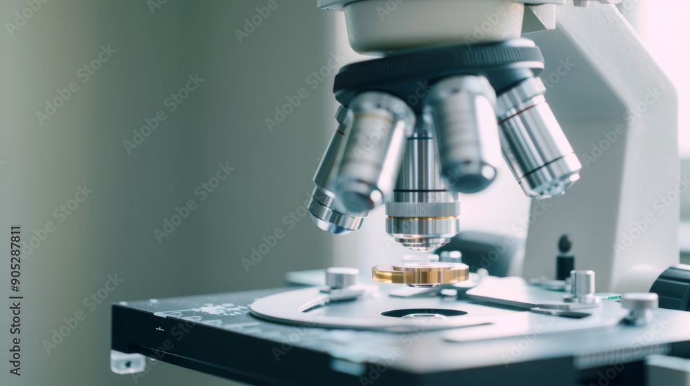 Close-up of a microscope, focusing on its intricate lenses and mechanisms against a blurred scientific background, embodying precision and discovery. Close-up of a microscope, focusing on its intricate lenses and mechanisms against a blurred scientific background, embodying precision and discovery.