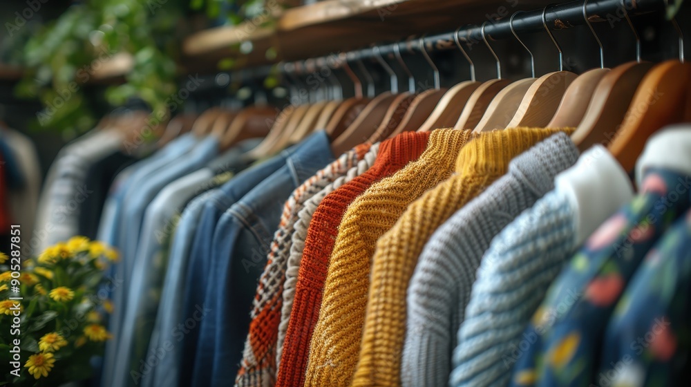 An organized image displaying sweaters and shirts in various colors, arranged neatly on wooden hangers in a store, symbolizing fashion, orderliness, and variety in clothing choices.