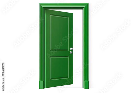 A green door with a silver handle is open