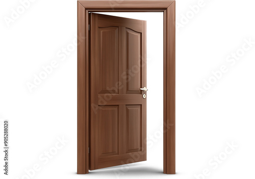 A wooden door is open, revealing a white background