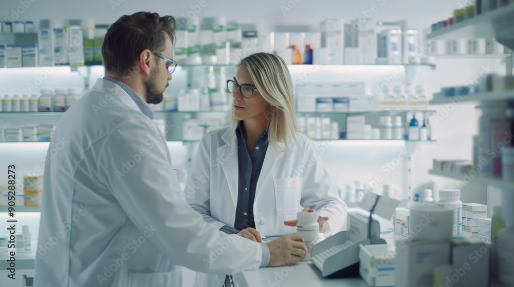 Two pharmacists discussing medications in a bright, well-organized pharmacy with shelves lined with various products. Two pharmacists discussing medications in a bright, well-organized pharmacy with shelves lined with various products.