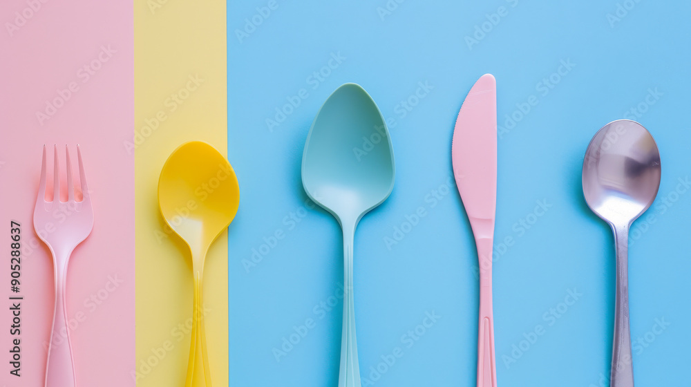 A playful array of colorful cutlery laid out on a vibrant pastel background, including spoons, forks, and knives, evoking a sense of whimsy and fun. A playful array of colorful cutlery laid out on a vibrant pastel background, including spoons, forks, and knives, evoking a sense of whimsy and fun.