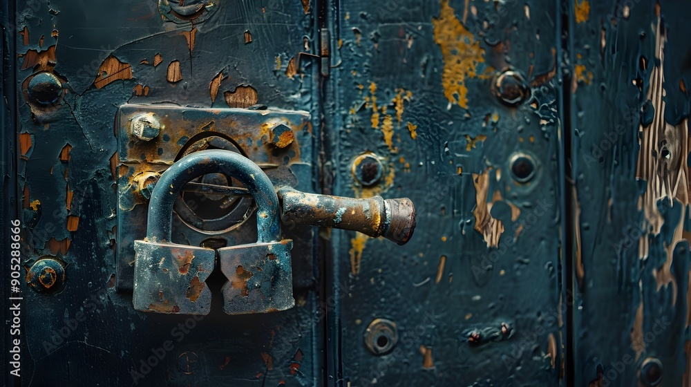 Rusty Old Security Padlock on Weathered Metal Door Texture as Concept for Patch Management Rusty Old Security Padlock on Weathered Metal Door Texture as Concept for Patch Management