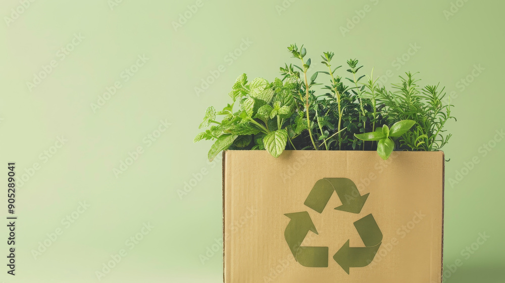 A cardboard box filled with various herbs sits against a green backdrop, symbolizing eco-friendly practices and recycling. A cardboard box filled with various herbs sits against a green backdrop, symbolizing eco-friendly practices and recycling.
