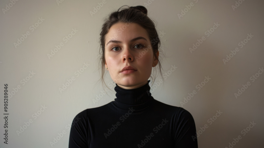 Fototapeta premium A young woman in a black turtleneck stares directly at the camera with a serene but intense expression, framed by a neutral background.