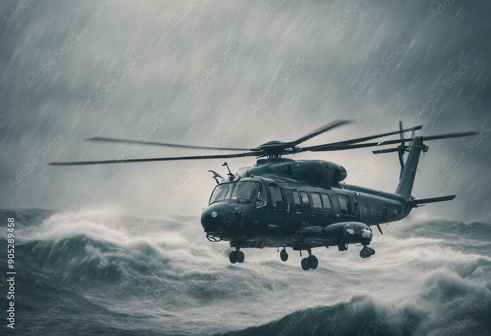 A rescue helicopter hovering above a turbulent ocean, battling heavy rain and powerful gusts as it searches for a stranded vessel.
A rescue helicopter hovering above a turbulent ocean, battling heavy rain and powerful gusts as it searches for a stranded vessel.