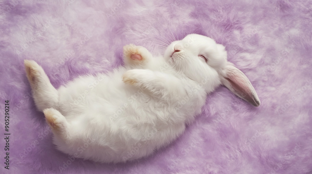 A fluffy white bunny lying on its back on a soft lavender background. The bunny's delicate fur and the gentle color create a peaceful and adorable scene. A fluffy white bunny lying on its back on a soft lavender background. The bunny's delicate fur and the gentle color create a peaceful and adorable scene.