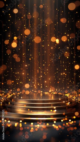Golden Podium with Glittering Light Effects and Dot Pattern Background for a Luxurious and High-End Presentation Setting.