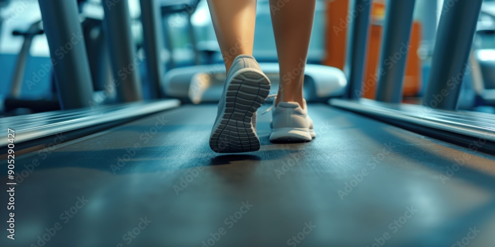 Close-up photo of a woman in sports shoes walking on a treadmill at the gym. Gym and fitness concept. Close-up photo of a woman in sports shoes walking on a treadmill at the gym. Gym and fitness concept.