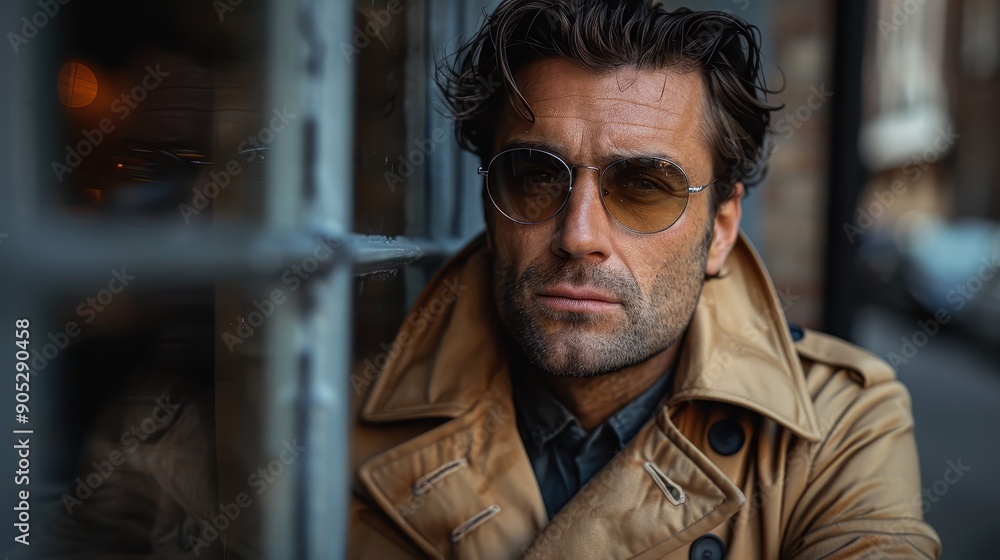 Stylish man in a beige trench coat and sunglasses poses with confidence while leaning against a window, highlighting his rugged looks and the urban environment around him. Stylish man in a beige trench coat and sunglasses poses with confidence while leaning against a window, highlighting his rugged looks and the urban environment around him.