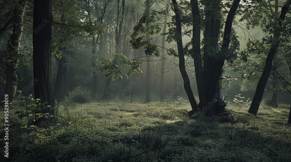 Obraz premium Mystical morning light filters through a dense forest, illuminating the dew-covered ground and creating an ethereal, serene atmosphere.