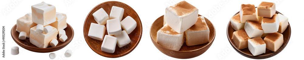 A collection of marshmallow fudge squares arranged on wooden plates. The rich, creamy fudge is mixed with soft marshmallows cut out transparent isolated PNG A collection of marshmallow fudge squares arranged on wooden plates. The rich, creamy fudge is mixed with soft marshmallows cut out transparent isolated PNG