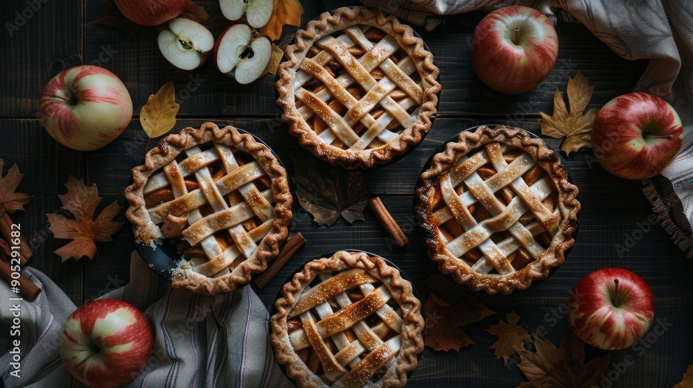 A table with four apple pies and a pile of apples A table with four apple pies and a pile of apples