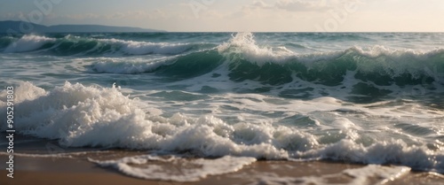 Background image of the beauty of the sea element is a mass of sea waves rolling ashore with caps of white foam.