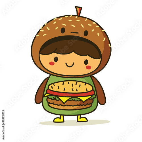 Child cartoon character dressed hamburger, smiling, cute food costume. Young boy burger outfit, happy, playful, fast food theme, colorful costume. Cheerful kid burger suit, adorable, joy