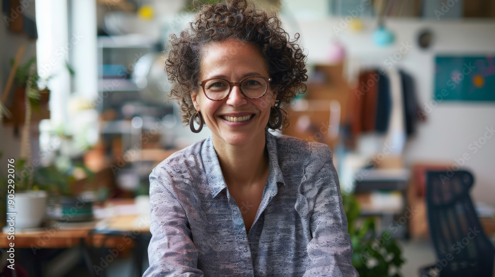 A cheerful woman with curly hair and glasses smiles warmly in a cozy, well-lit workspace filled with plants and shelves. A cheerful woman with curly hair and glasses smiles warmly in a cozy, well-lit workspace filled with plants and shelves.