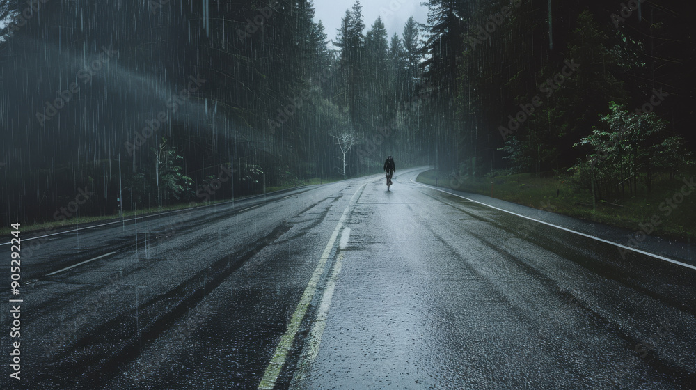 A lone cyclist rides down an empty, rainy road through a misty forest, encapsulating solitude and endurance amidst the somber weather. A lone cyclist rides down an empty, rainy road through a misty forest, encapsulating solitude and endurance amidst the somber weather.