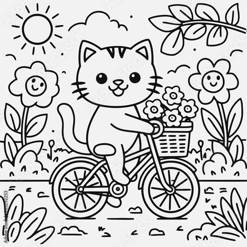 Cute Cat Cycling In Park coloring page for kids. Kids Coloring Page Black And White Hand Drawn.