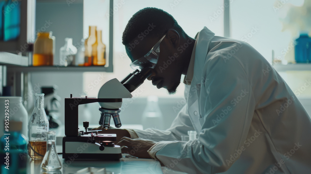 A scientist in a lab coat closely examines a slide under a microscope in a bright, modern laboratory filled with glassware and equipment. A scientist in a lab coat closely examines a slide under a microscope in a bright, modern laboratory filled with glassware and equipment.