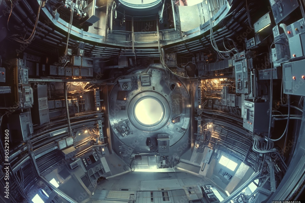 An inside view of a highly sophisticated and futuristic nuclear fusion reactor chamber, filled with intricate machinery. An inside view of a highly sophisticated and futuristic nuclear fusion reactor chamber, filled with intricate machinery.