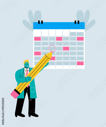 Doctor planning, organizing appointments. Man doctor setting medical checkups. Colored flat vector illustration