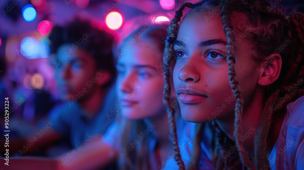Teen girls and a boy enjoy vibrant arcade lights, highlighting fun and engagement in a colorful and energetic environment full of excitement and youthful camaraderie. Teen girls and a boy enjoy vibrant arcade lights, highlighting fun and engagement in a colorful and energetic environment full of excitement and youthful camaraderie.